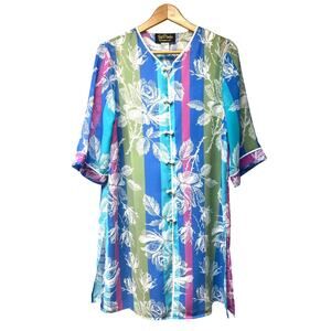 Vintage Bob Mackie Art To Wear Blue Floral Long Duster Sleep Cover Up Size Small